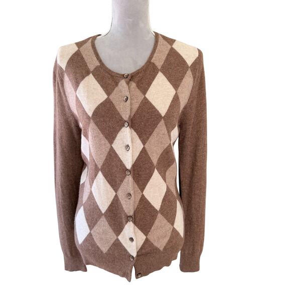 100% CASHMERE Argyle Cardigan Sweater Brown Tan Diamond Knit Soft Classic - Picture 1 of 7